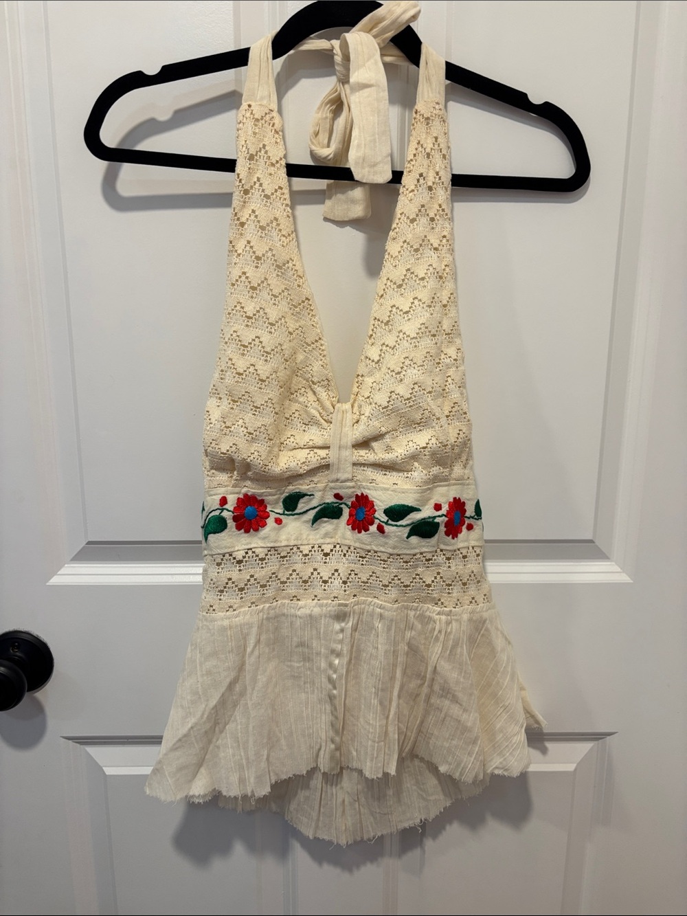 Boho Embroidered Floral Lace Halter Peplum Top Cream Cottagecore Festival XL - Picture 3 of 6